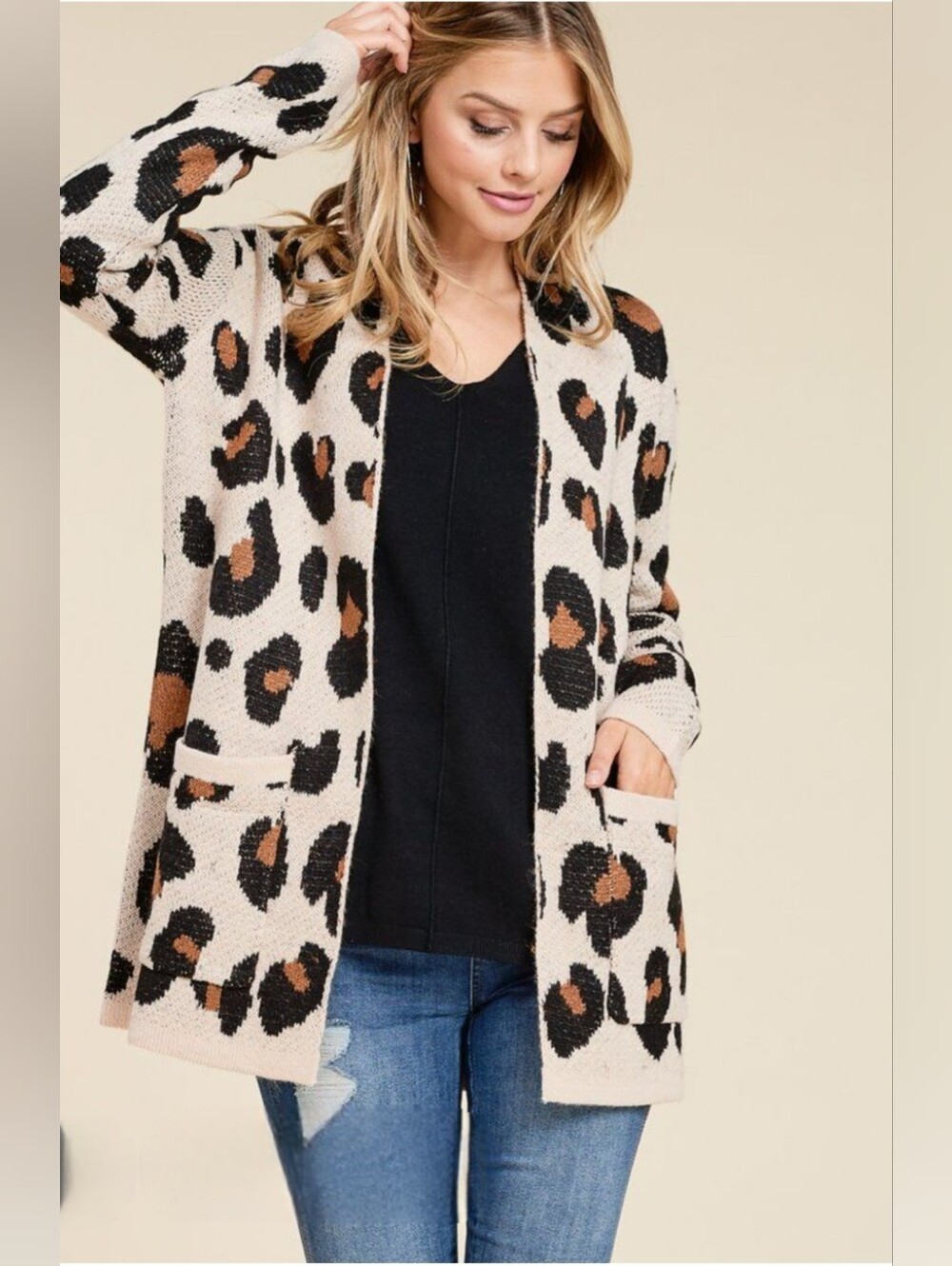 NWOT Staccato Leopard Print Knit Front Pocket Open Cardigan